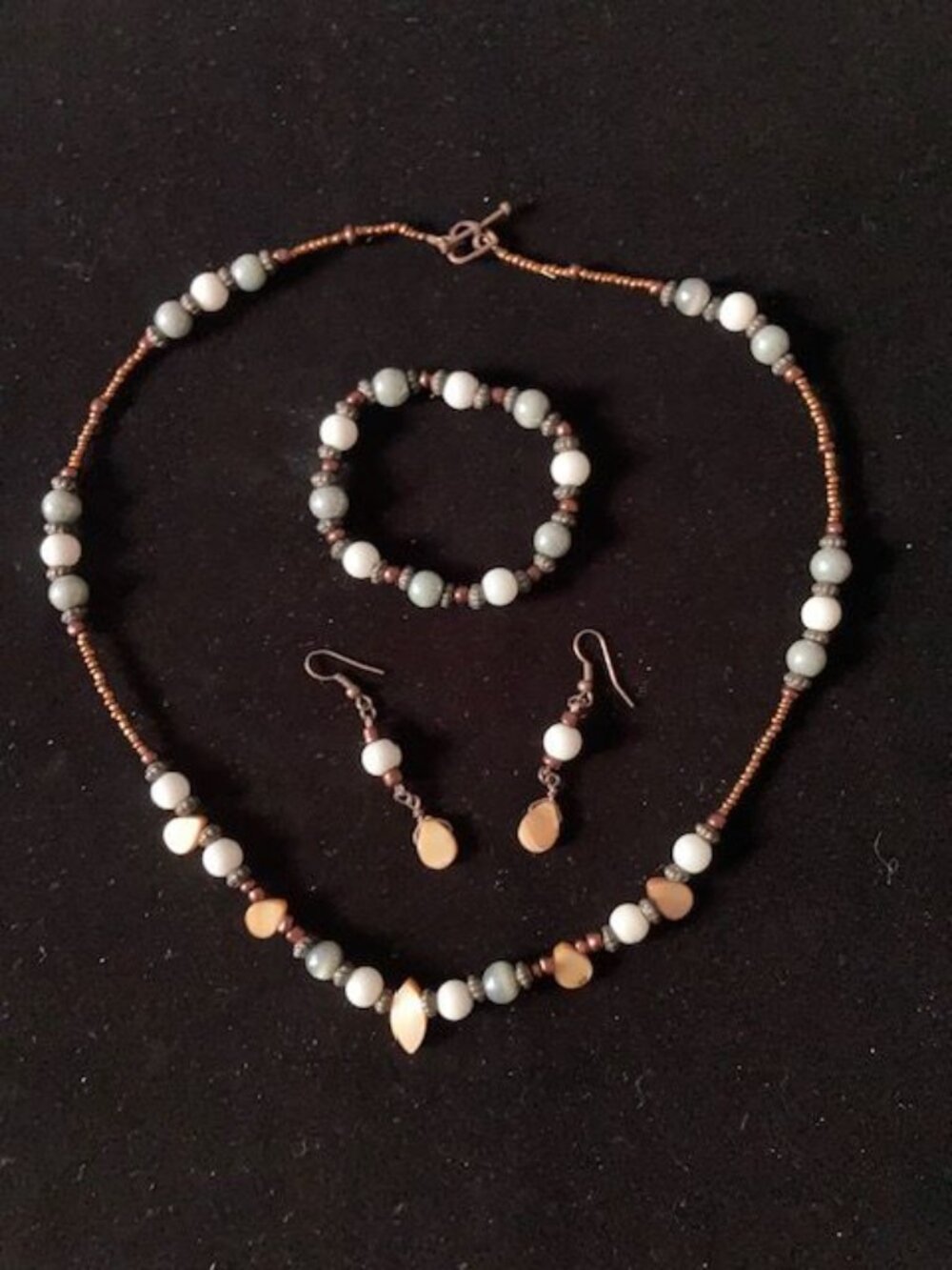 Gray, White and Brown Beaded Necklace, Bracelet and Earring Set